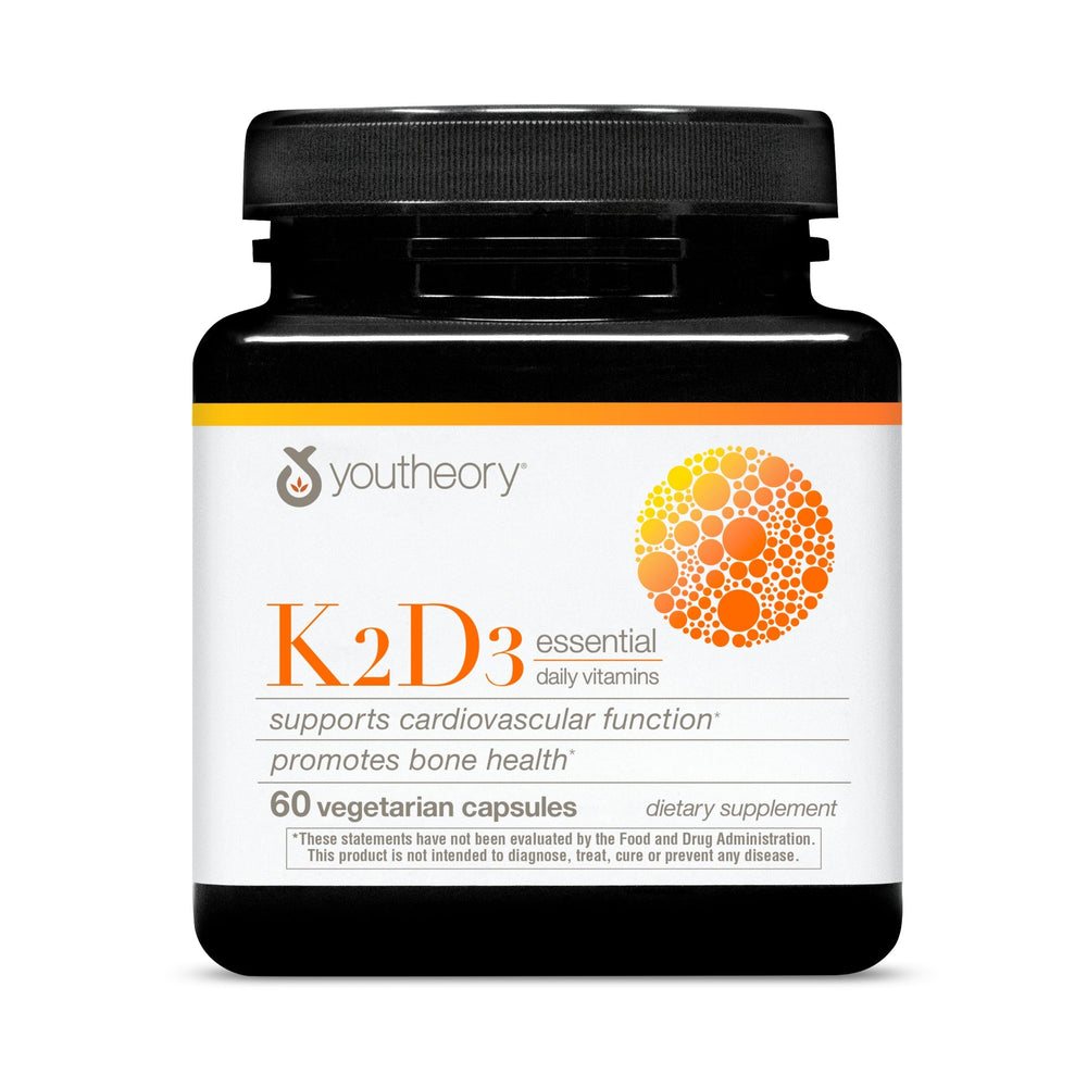 Youtheory K2D3 bottle front showing compact daily support for bone and heart health.
