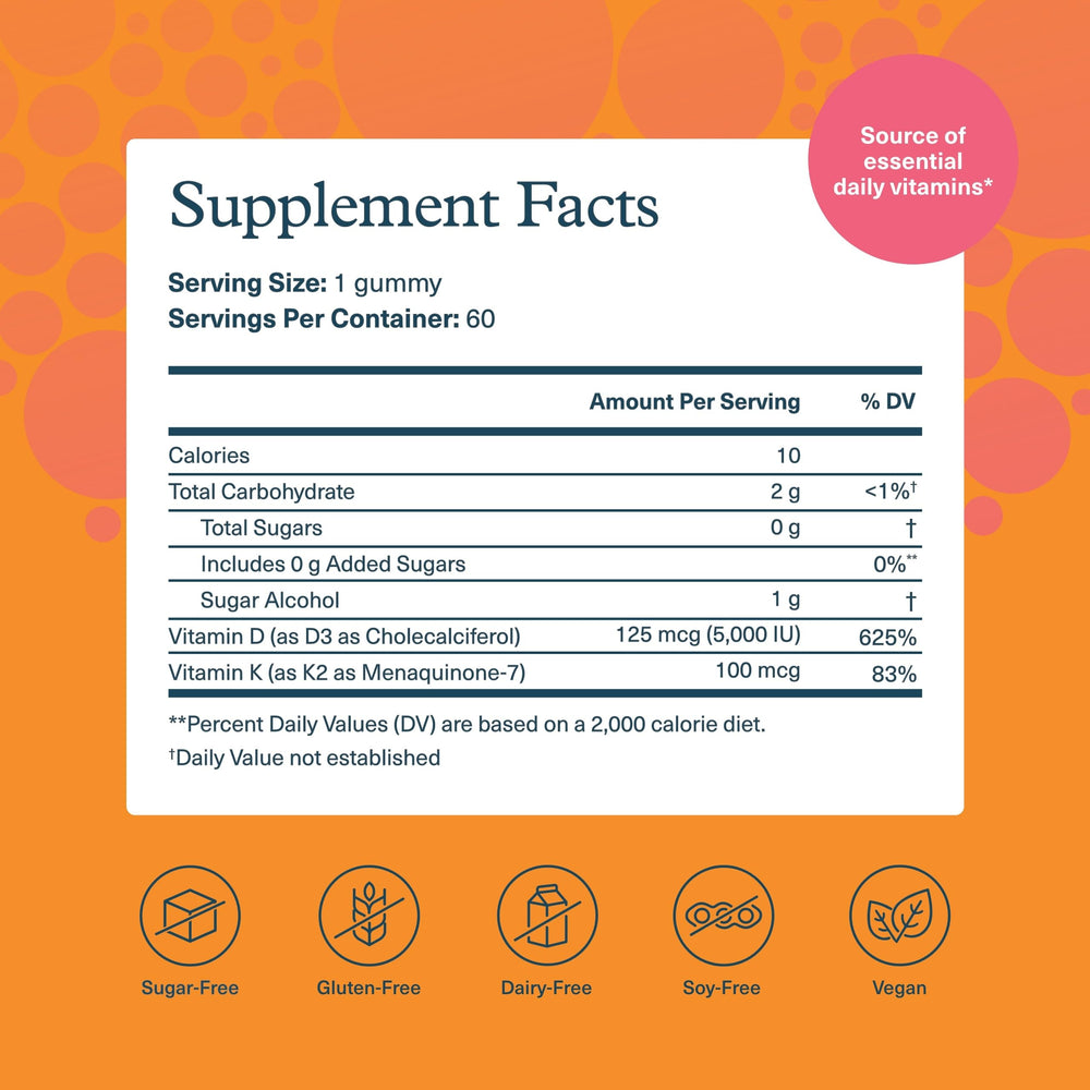 Youtheory K2D3 bottle close-up with peach flavor label for easy dosing.