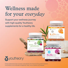 Youtheory K2D3 peach gummies lifestyle shot on kitchen counter for everyday use.