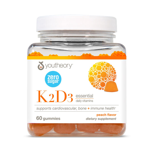 Youtheory K2D3 peach gummies pack shot for daily wellness.