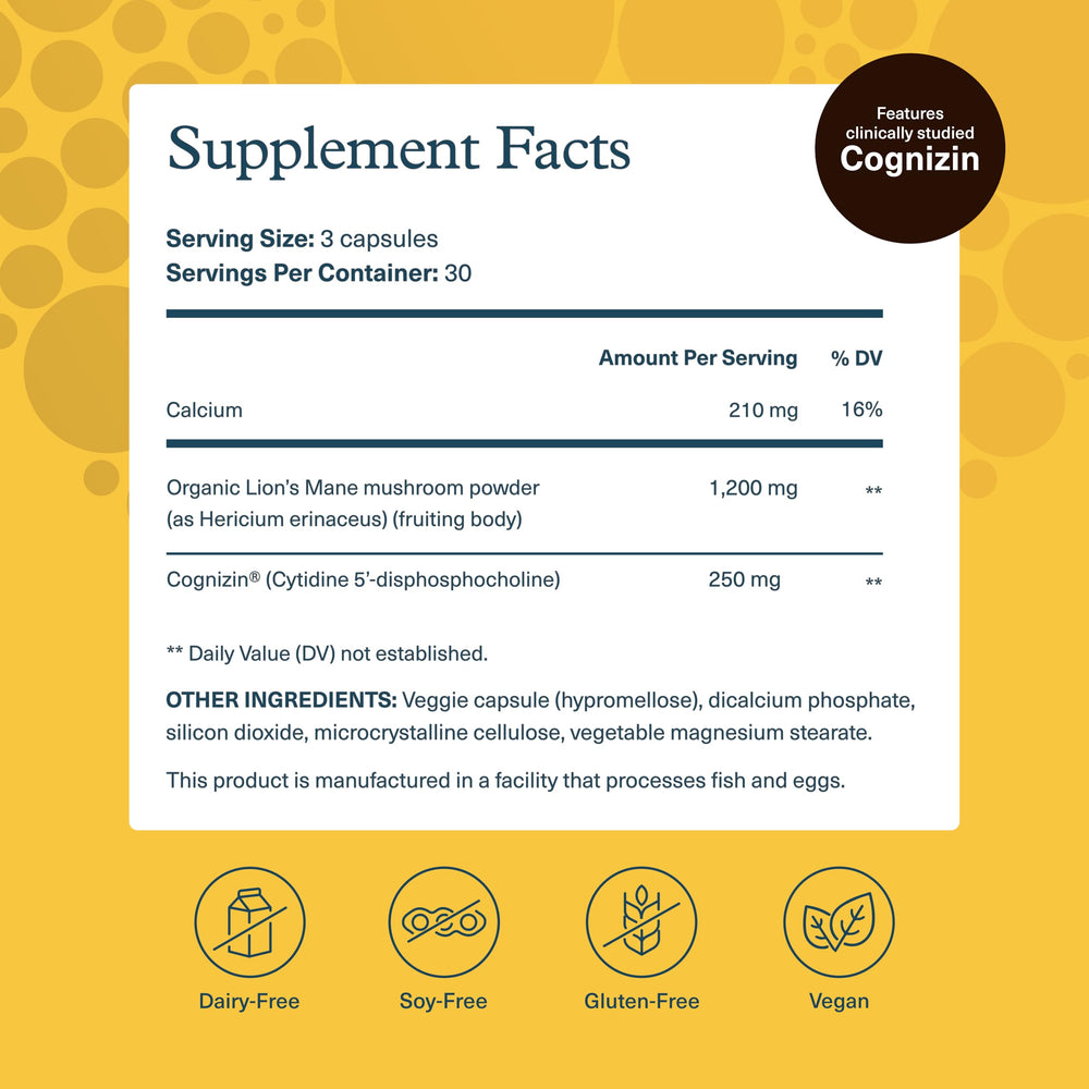 Youtheory Lion's Mane, etiqueta frontal: claridad mental y concentración.