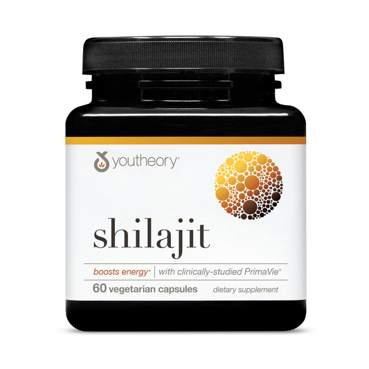 Youtheory Shilajit PrimaVie: botella visible que inspira energía sostenida.