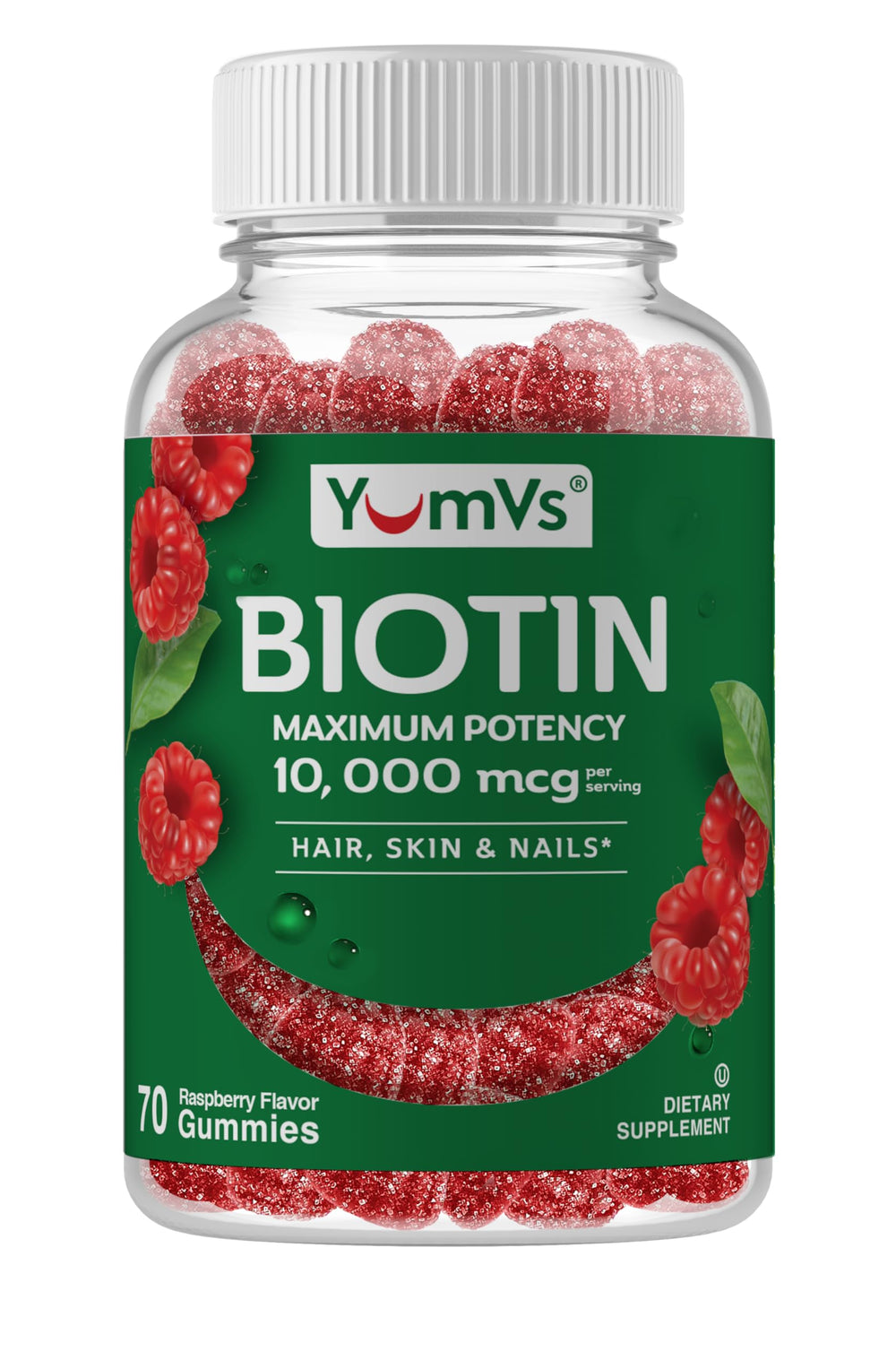 Gomitas de Biotina YUM-V'S con sabor a frambuesa para cabello saludable.
