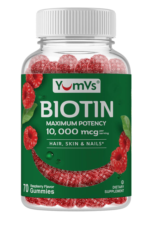 Gomitas de Biotina YUM-V'S con sabor a frambuesa para cabello saludable.