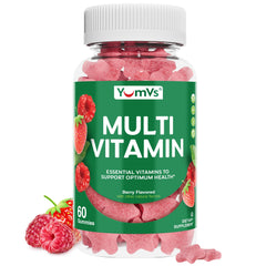 YUM-V'S envase frontal de gomitas berry mostrando 60 unidades y beneficio práctico
