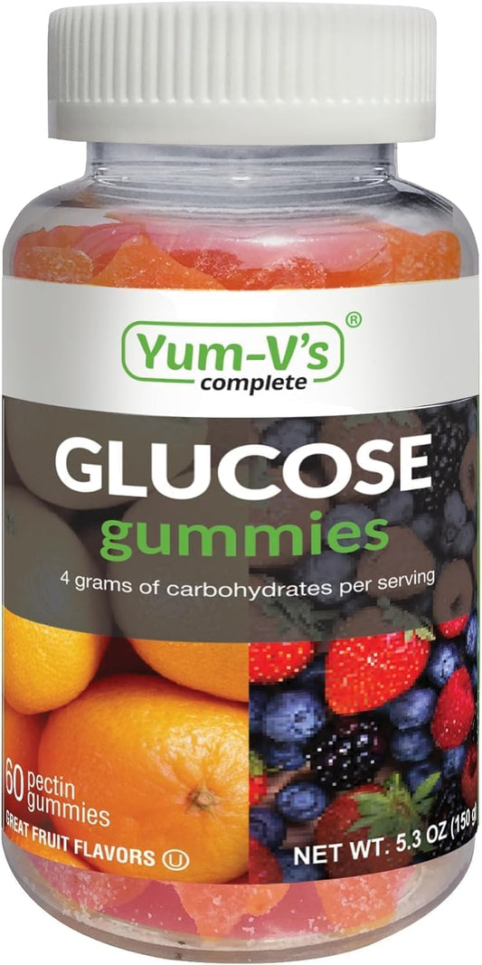 YUM-V'S gomitas de glucosa, botella con sabor naranja para energía rápida.
