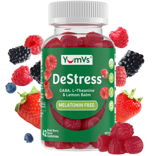 YUM-V'S De-Stress gummies en botella para calma diaria.