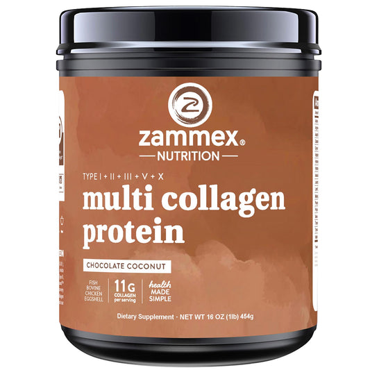 Polvo de Zammex Multi Collagen en envase chocolate, ideal para uso diario