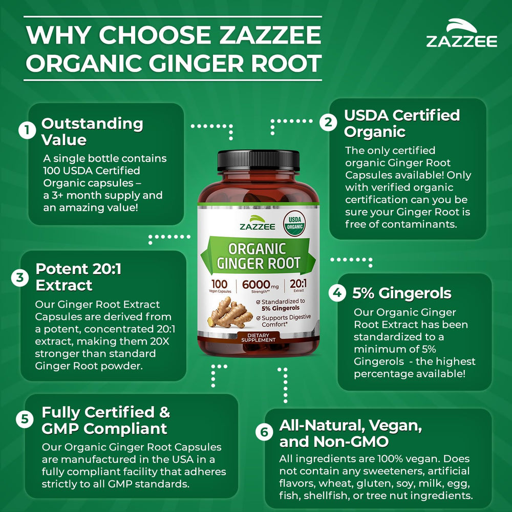 Zazzee raíz de jengibre fresca ilustrando origen natural y fuerza del extracto