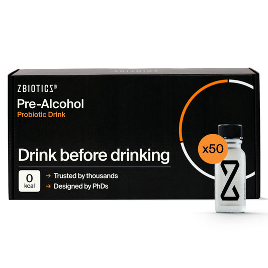 ZBiotics frontal del paquete mostrando 50 botellas y conveniencia