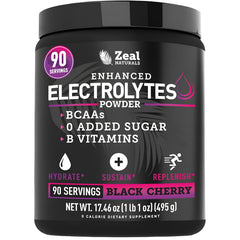 Zeal Naturals frente del envase mostrando 90 porciones y sabor Cereza Negra, conveniencia