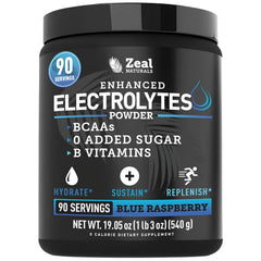 Zeal Naturals frente del envase mostrando 90 porciones y sabor blue raspberry para hidratación