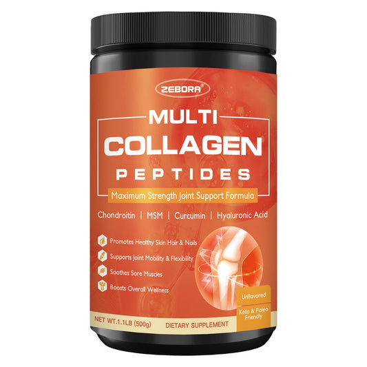 Polvo de colágeno ZEBORA en frasco para articulaciones y piel saludable.