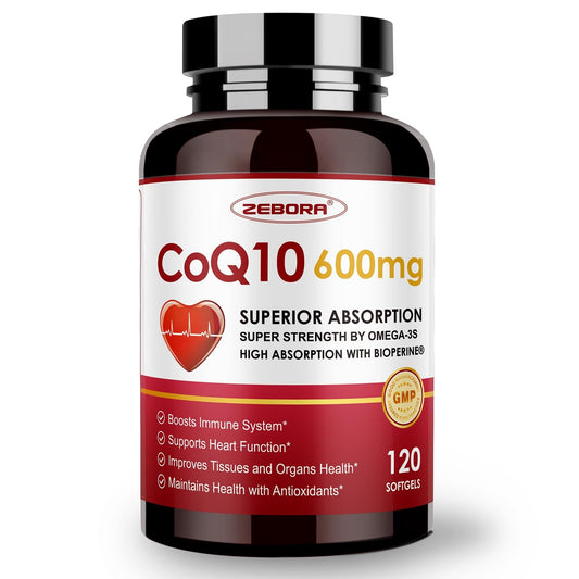 ZEBORA CoQ10 600 mg cápsulas suaves en botella, posible apoyo energético diario.