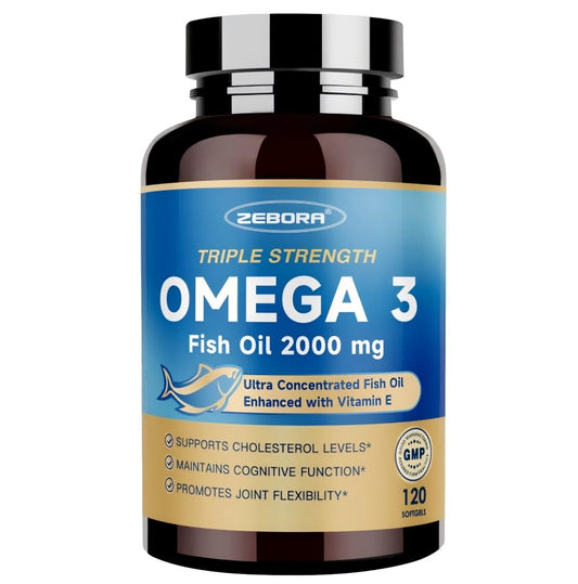 Cápsulas ZEBORA Omega-3 Triple Fuerza de 2000 mg para apoyo del corazón y cerebro.