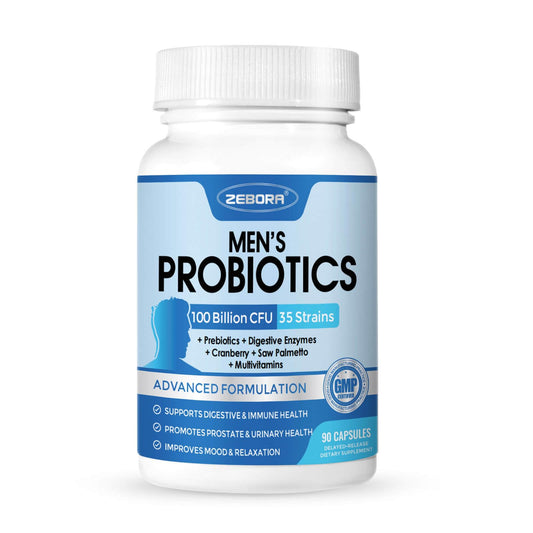 Probióticos ZEBORA en botella de cápsulas para la salud intestinal diaria.