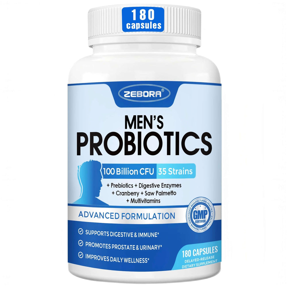 ZEBORA Probiotics para hombres: botella de cápsulas para apoyo digestivo diario.