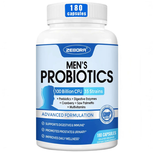 ZEBORA Probiotics para hombres: botella de cápsulas para apoyo digestivo diario.