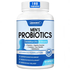ZEBORA Probiotics para hombres: botella de cápsulas para apoyo digestivo diario.