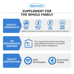ZEBORA Probiotics para hombres: formato estable sin refrigeración para viajes.