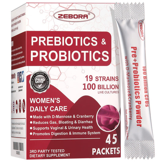 ZEBORA Probiotics para mujeres, envase de 45 paquetes, beneficio de uso diario.