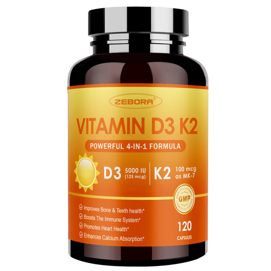 ZEBORA Vitamina D3+K2 en botella de cápsulas para absorción óptima.