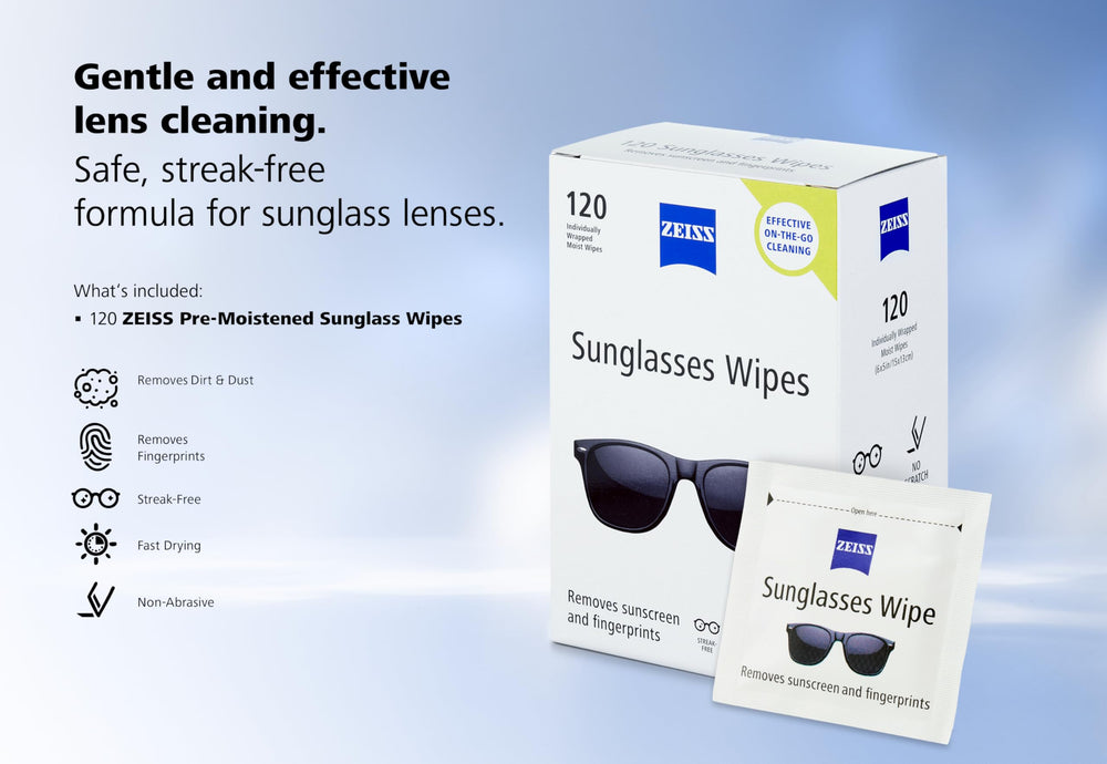 Gafas de sol limpias tras usar toallita ZEISS, resultado sin reflejos ni manchas