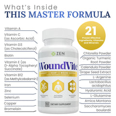 Botella abierta de Zen Nutrients WoundVite mostrando cantidad y presentación segura
