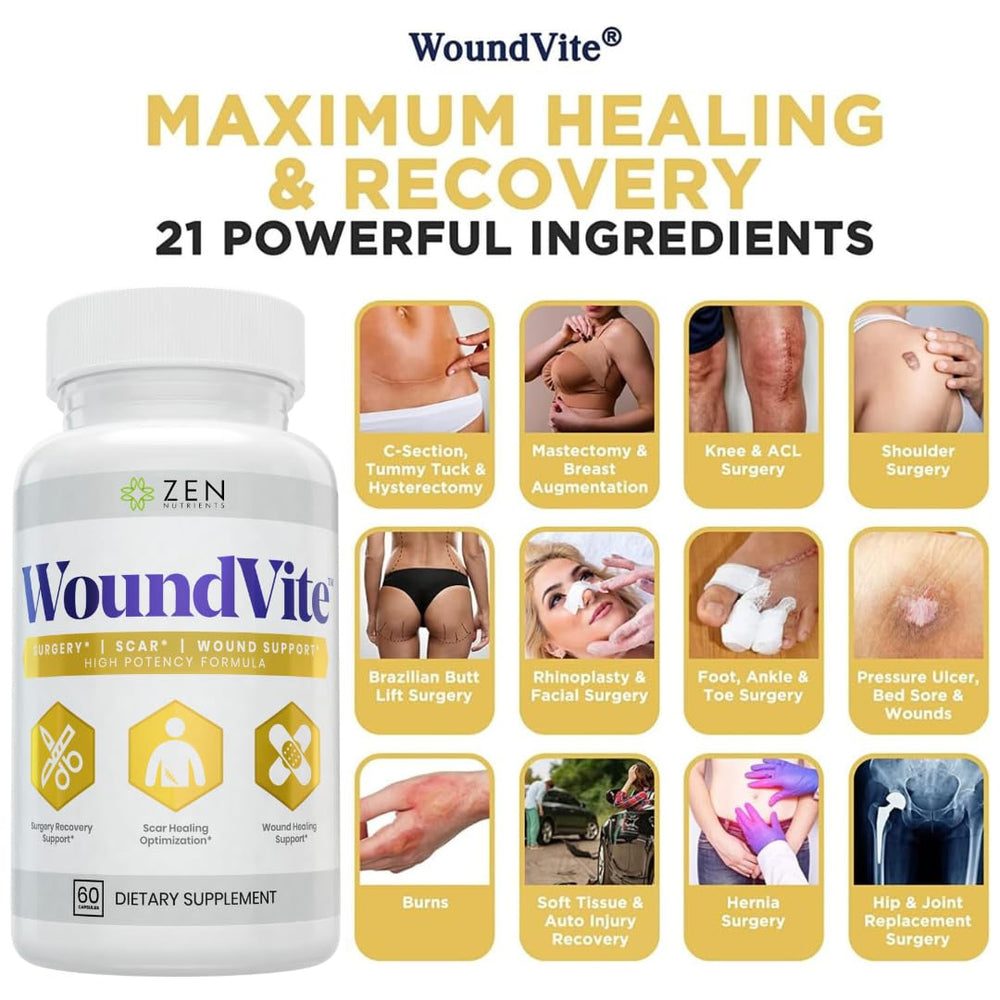 Envase de Zen Nutrients WoundVite con cápsulas en la mano para dosificación fácil