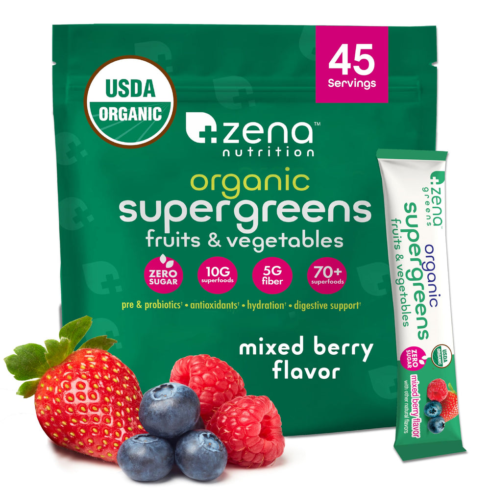 Zena Nutrition frente del empaque mostrando 45 sobres y beneficios visibles