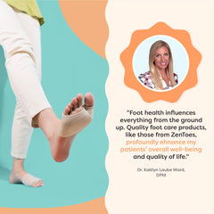 ZenToes etiqueta de talla mostrando Medium y guía para elegir talla correcta
