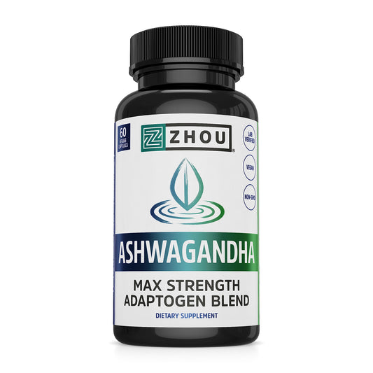 Zhou Ashwagandha, botella de cápsulas, apoyo al equilibrio y relajación.