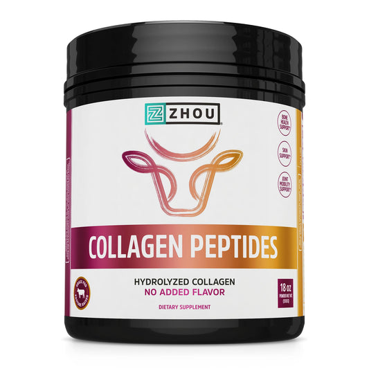 Zhou Collagen Peptides, botella de 18 oz para uso diario en piel y articulaciones.