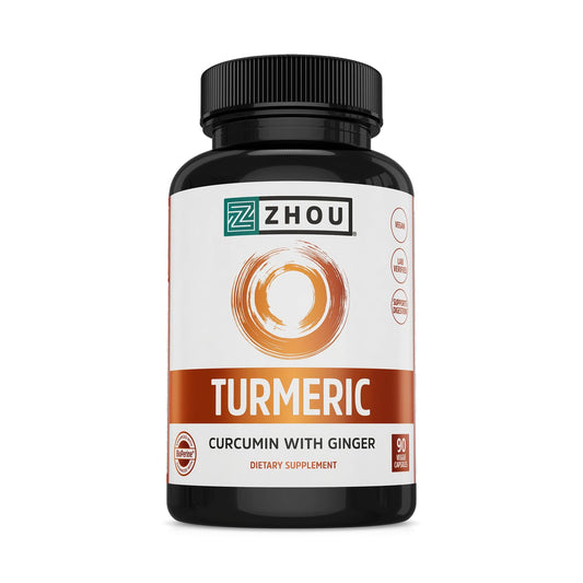 ZHOU curcuma jengibre - botella de cápsulas para apoyo digestivo diario.