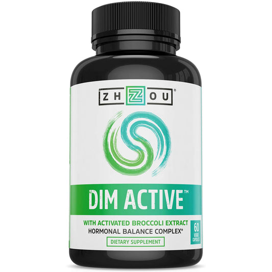Zhou DIM Active, botella, promueve equilibrio hormonal y bienestar general.
