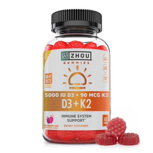 ZHOU envase frontal de D3+K2 mostrando dosis y 60 gomitas, facilita la suplementación