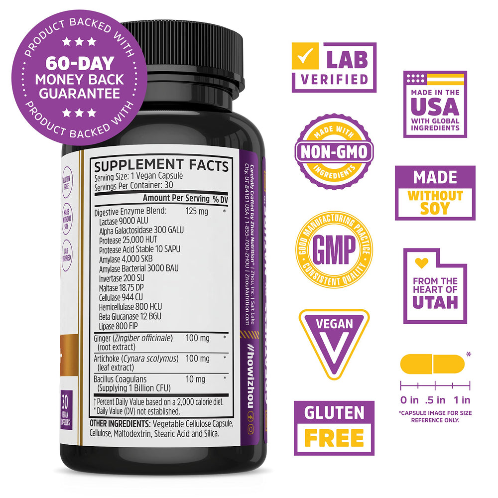 Etiqueta frontal de Zhou Nutrition Bloat Blast en envase.