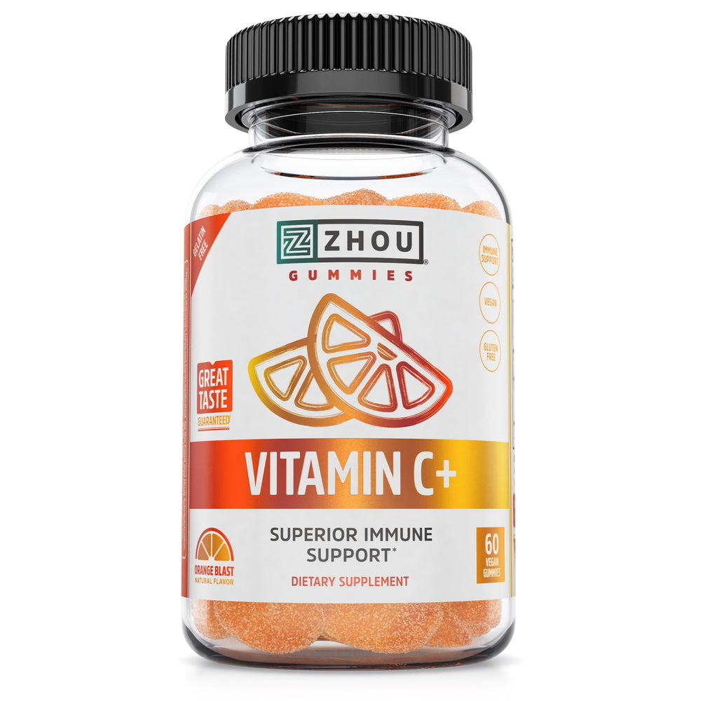 Gomitas Zhou Vitamin C+ en envase, sabor naranja, apoyo diario para el sistema inmune