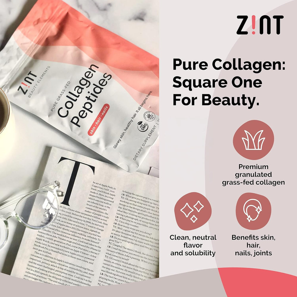 Detalle de etiqueta Zint colágeno mostrando ingredientes y pruebas de pureza