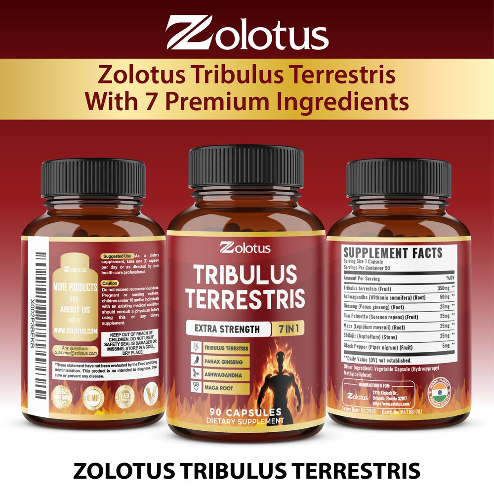 Zolotus ingredientes secos (Tribulus, Ashwagandha, Maca) mostrando origen natural