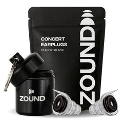 Zound paquete frontal mostrando tapones y estuche, protección fácil