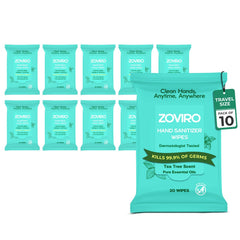 Zoviro packaging frontal mostrando 20 toallitas y ventaja de portabilidad