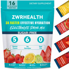 Zwrhealth paquete frontal mostrando 16 sobres y sabores para hidratación rápida