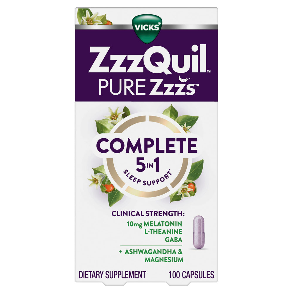 ZzzQuil frontal del envase mostrando 100 cápsulas y beneficio de inicio rápido