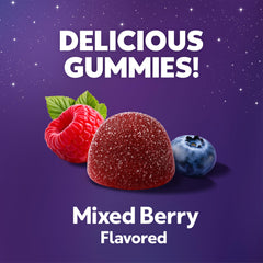 Gomitas ZzzQuil colocadas en mesita de noche junto a libro para rutina relajante