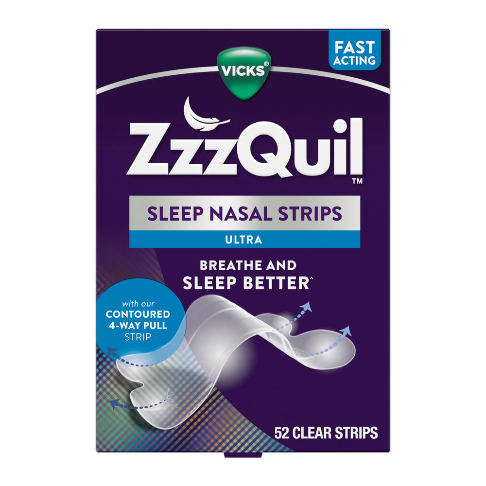 ZzzQuil tira nasal vista frontal mostrando diseño claro y beneficio respiratorio