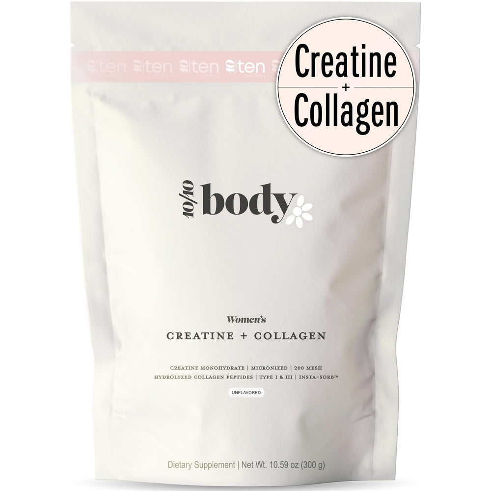 10Ten Nutrition envase frontal mostrando creatina y colágeno, fácil identificación