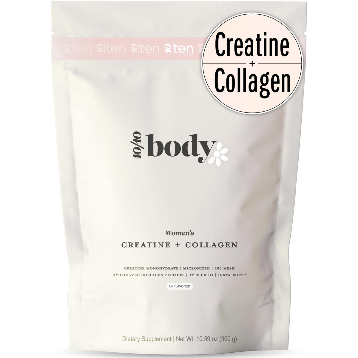 10Ten Nutrition envase frontal mostrando creatina y colágeno, fácil identificación