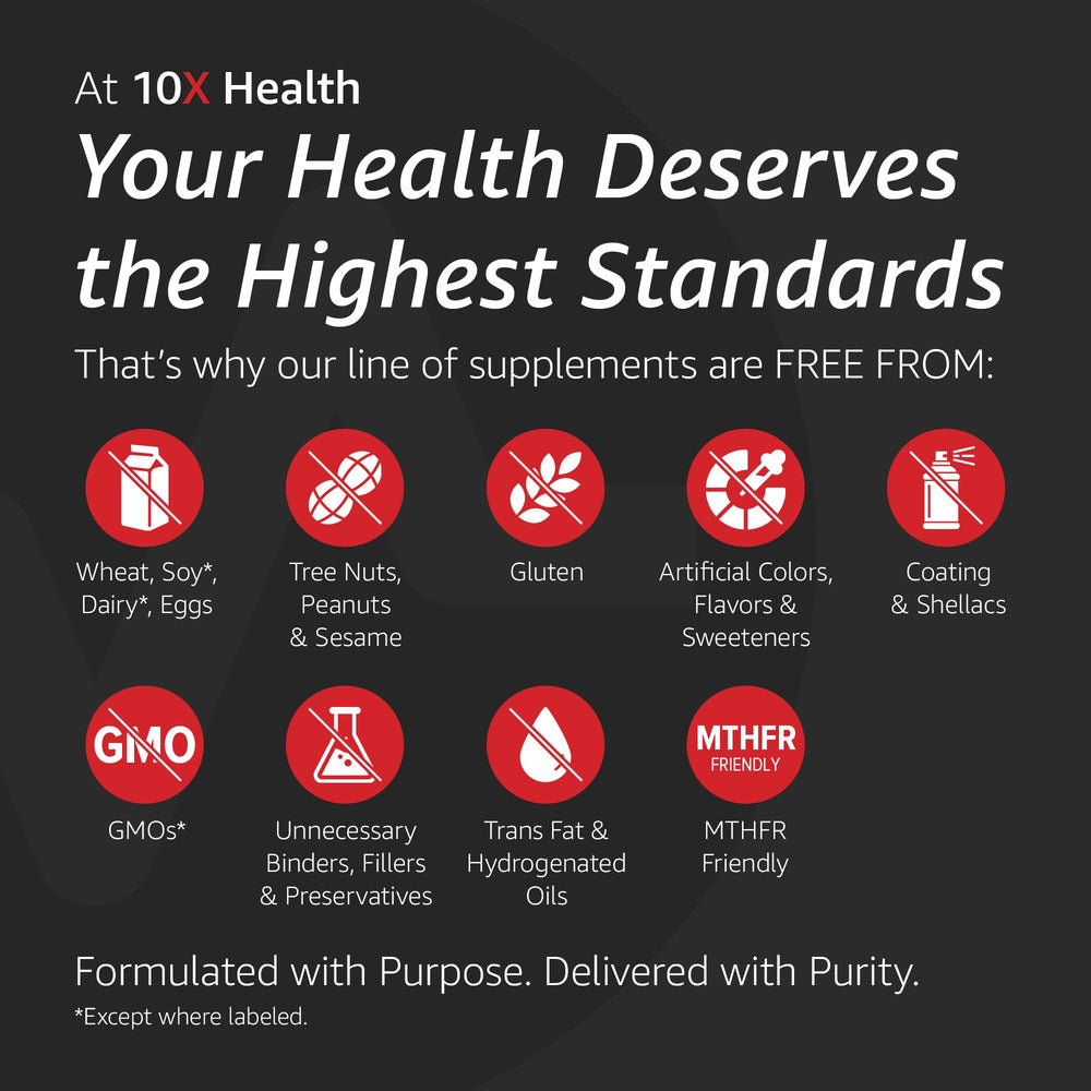 10X Health frasco bajo luz natural que enfatiza la presentación premium