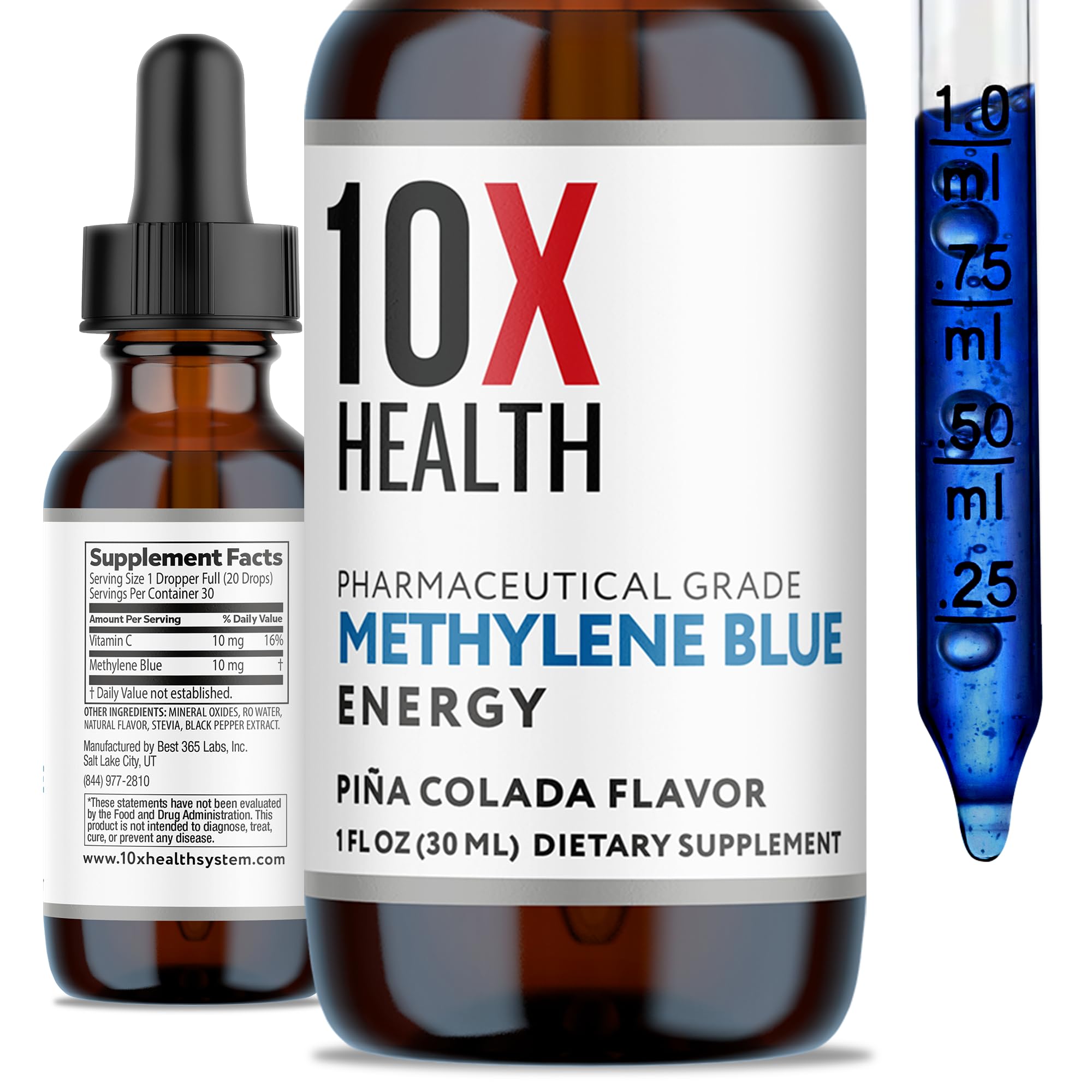 10X Health envase frontal de Methylene Blue 30ml mostrando diseño claro y dosis